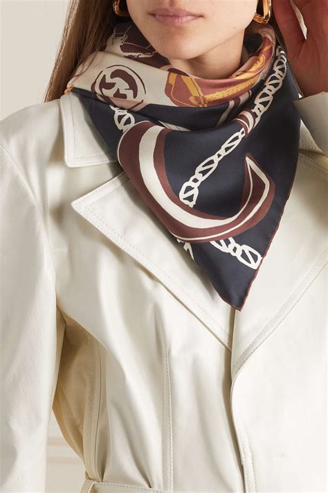 Navy Printed Silk Twill Scarf 